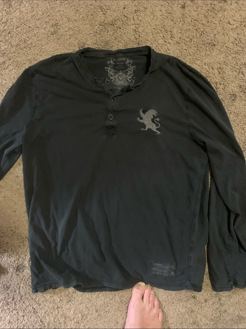 Express Men's Black Long-Sleeve Henley with Lion Crest